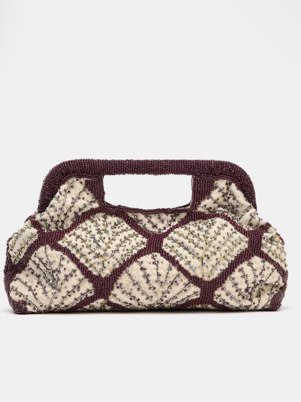 Zara Cream and Plum Beaded Handheld Clutch
